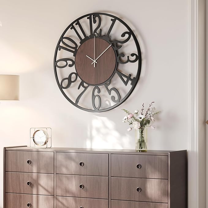 24 inch Large Wall Clock for Living Room Decor, Decorative Wood Metal Wall Clock Battery Operated Silent Non Ticking, Modern Black Round Big Clocks for Bedroom, Kitchen, Office Decor-Arabic Numerals