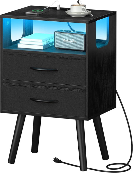 Yoobure LED Night Stand with Charger Station, Mid Century Modern Nightstand with Fabric Drawers, Bedside Table Nightstands with Storage Shelf, Bed Side Table Small Night Stands for Bedroom Living Room