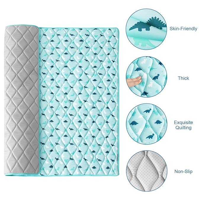 Premium Foam Baby Play Mat 50" X 50" - Non Slip Cushioned, Thick One-Piece Crawling Mat, Easy Clean, Aqua Dinosaur