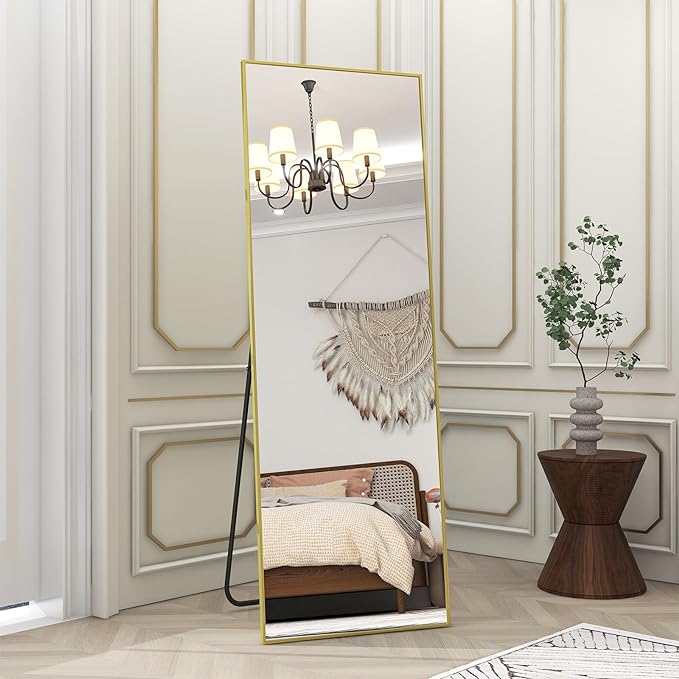 BEAUTYPEAK Gold Full Length Mirror, 58"x18" Standing Hanging or Leaning Against Wall Floor Mirrors Body Dressing Wall-Mounted for Living Room, Bedroom with Aluminum Alloy Thin Frame