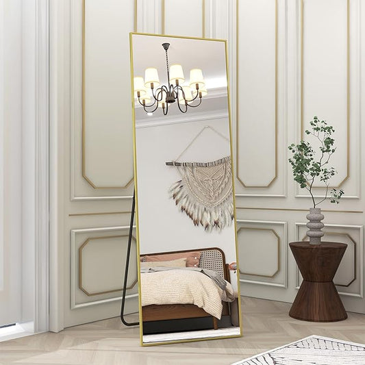 BEAUTYPEAK Gold Full Length Mirror, 58"x18" Standing Hanging or Leaning Against Wall Floor Mirrors Body Dressing Wall-Mounted for Living Room, Bedroom with Aluminum Alloy Thin Frame