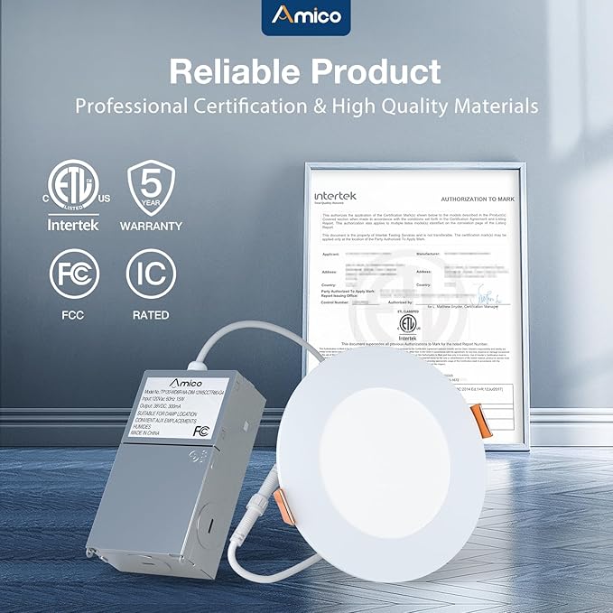 Amico 4 Pack 4 Inch 5CCT Ultra-Thin LED Recessed Dimmable Ceiling Light with Junction Box, 2700K/3000K/3500K/4000K/5000K Selectable, 10W Eqv 60W, 800Lumens, High Brightness Downlight - ETL&FCC