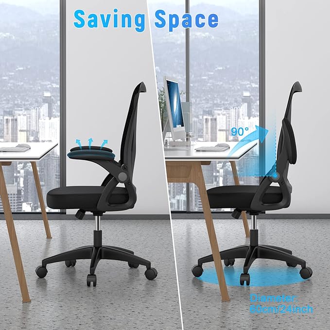 naspaluro Ergonomic Office Chair, Mid Back Desk Chairs with Adjustable Height, Swivel Chair with Flip-Up Arms and Lumbar Support, Breathable Mesh Computer Chair for Home/Study/Working, Dark Black