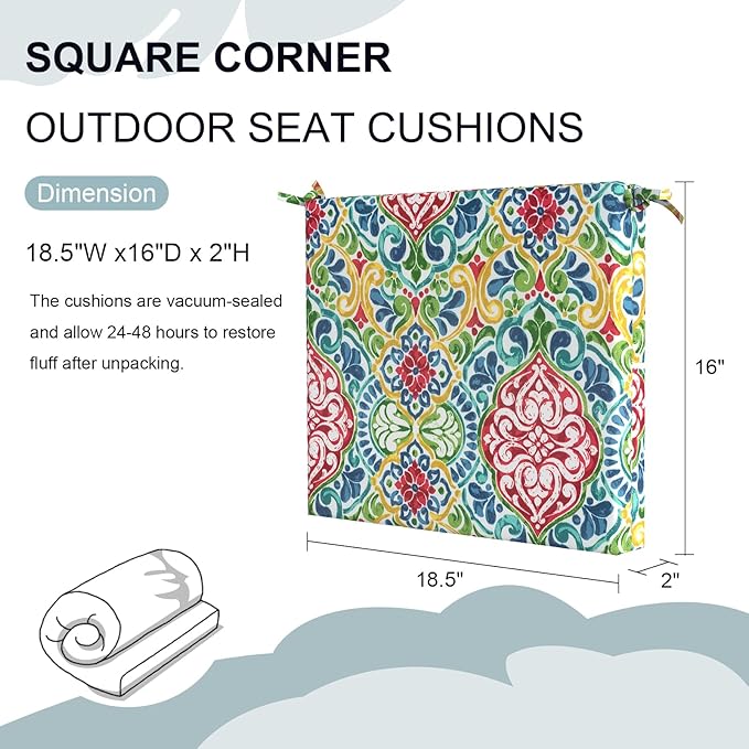 Set of 2 Outdoor Square Chair Cushions 18.5"x16"x2" for Patio, Water Resistant Patio Dining Seat Pads Replacement for Kitchen Garden and Outdoor Furniture Decoration - Damask Red