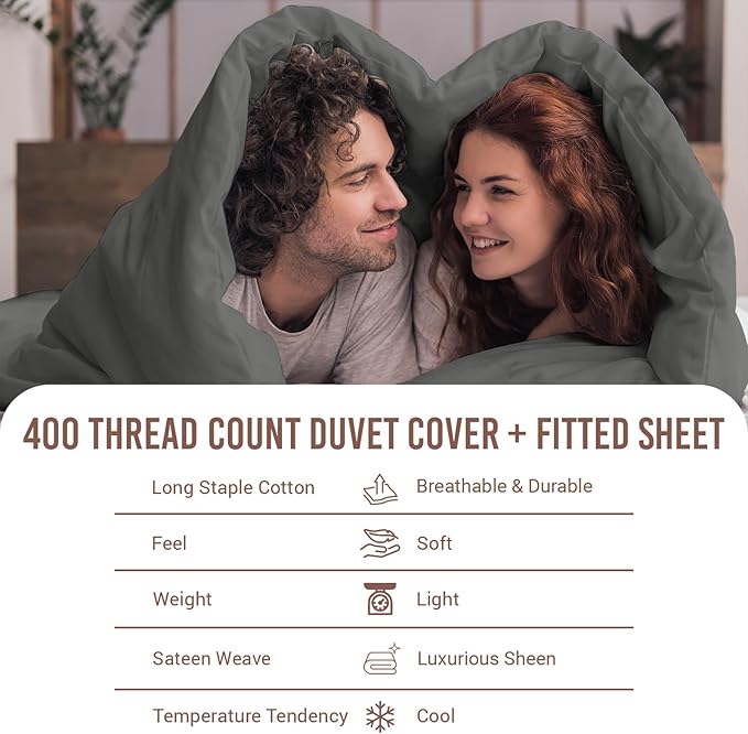 Pizuna 100% Cotton Twin 2 Pc Duvet Cover + 1 Pc Fitted Sheet Set 400 Thread Count Dark Grey Sateen Weave Luxurious Long Staple Cotton 4 Piece Bedding Set -1 Duvet Cover, 1 Pillow Sham, 1 Fitted Sheet