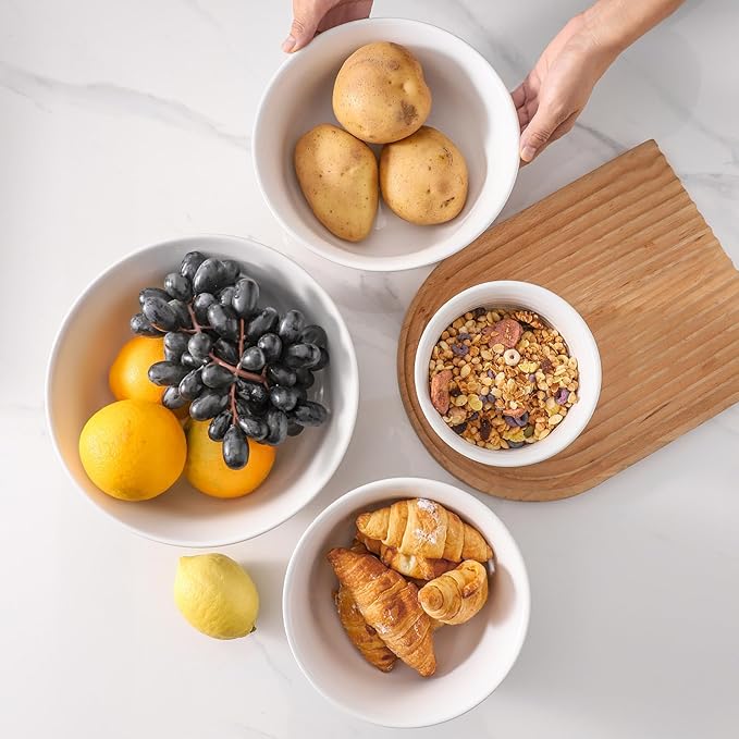 Hasense Mixing Bowls Set, 2.1/1.5/1.0/0.5 Qt Ceramic Nesting Bowls for Kitchen, Large Serving Bowls for Cooking, Prepping, Salad, Soup, Pasta, Classic White Serving Dishes for Thanksgiving, Set of 4