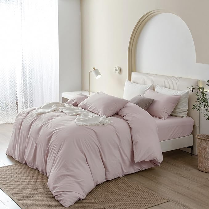 JIYUAN 100% Washed Cotton Duvet Cover Set 2 Pieces Twin, 1 Duvet Cover 68x90 Inches (Comforter Not Included) and 1 Pillowcases,Linen Feel Bedding Set Comfy and Breathable, Heathered Greyish Pink