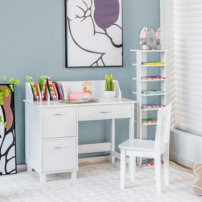 Costzon Kids Desk and Chair Set, Children Wooden School Learning Table w/Drawer & Storage Cabinets, Student Writing Computer Workstation for Bedroom & Study Room, Gift for Ages 3-8 (White)