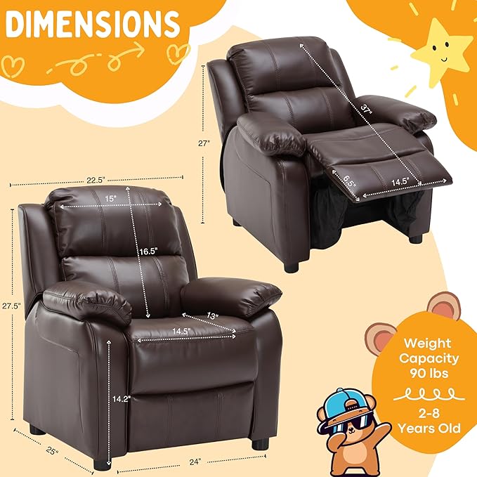 JC Home Macaron Kids Reclining Chair Leather Recliner Sofa Push Back Toddler Youth Children Child Ages 2-8