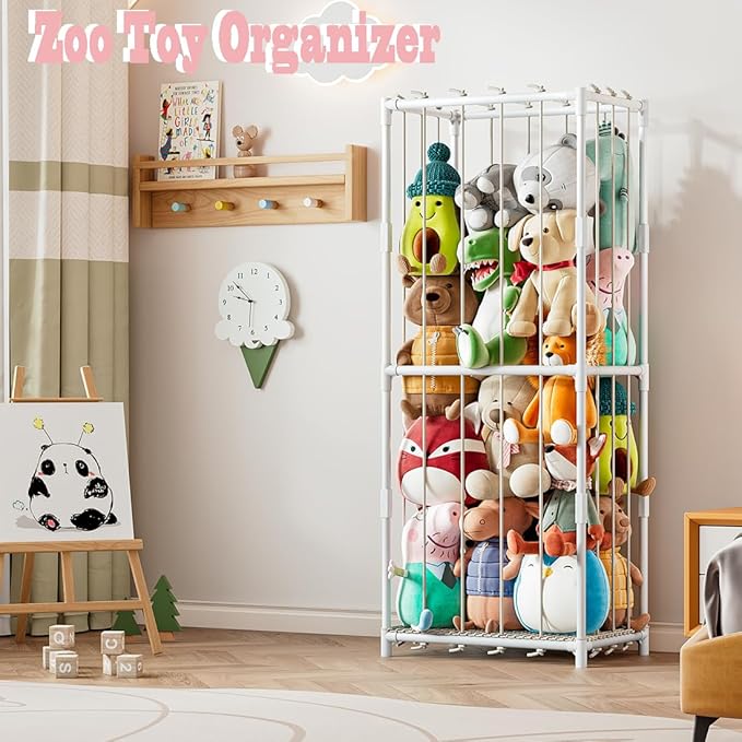 Stuffed Animal Storage Zoo Toy Organizer Corner Chest Plush PVC Material Extra Large Holder Metal Standing Space Save Vertical With Elastic For Nursery Kids Room,White（Medium） (White, Medium)