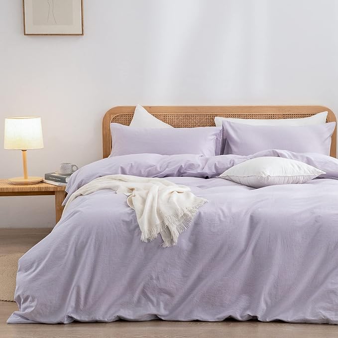 BESTOUCH Duvet Cover Set 100% Washed Cotton Linen Feel Super Soft Comfortable Chic Lightweight 3 PCs Home Bedding Set Solid Taro Purple Full/Double