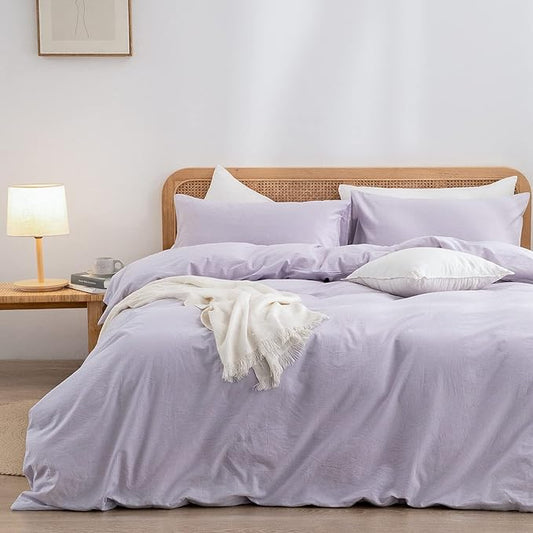 BESTOUCH Duvet Cover Set 100% Washed Cotton Linen Feel Super Soft Comfortable Chic Lightweight 3 PCs Home Bedding Set Solid Taro Purple King
