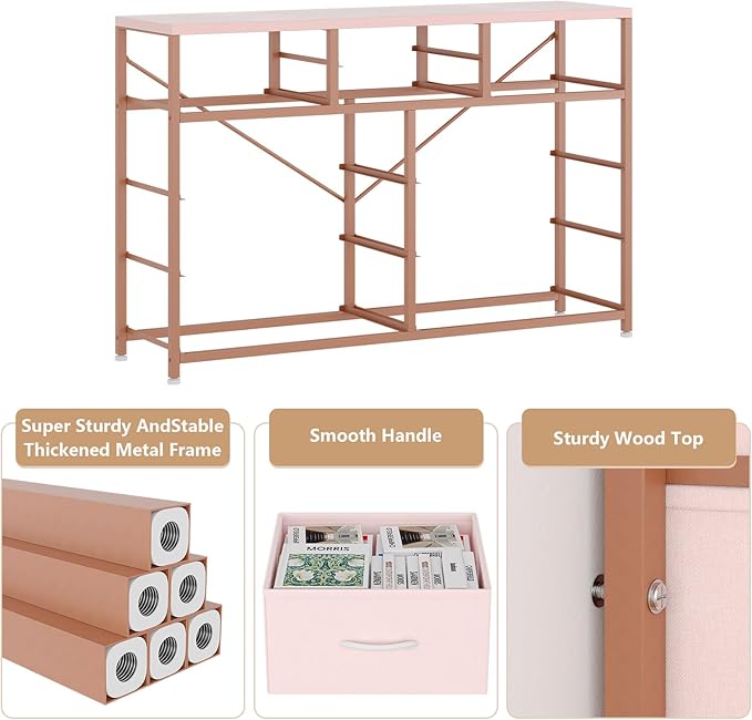 Jojoka Wide 10 Drawer Dresser,TV Stand Entertainment Center Fabric Storage Dressers Drawers for Bedroom, Hallway, Nursery, Closets, Steel Frame, Wood Top (Pink)