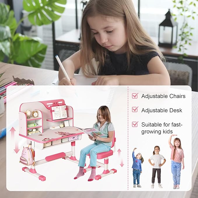 Easy Assembly | Premium Kids Desk and Chair Set, Height Adjustable Children School Study Writing Tables, Bedroom Kids Desk with Large Writing Board, Bookshelf for Girls