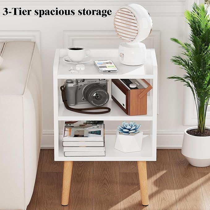 LUCKNOCK Mid Century Modern Nightstand, White Wood Bedside Table, 3 Tier Tall End Side Table with Open Storage Shelves, Small Night Stand for Bedroom, Kids Room & Small Spaces.