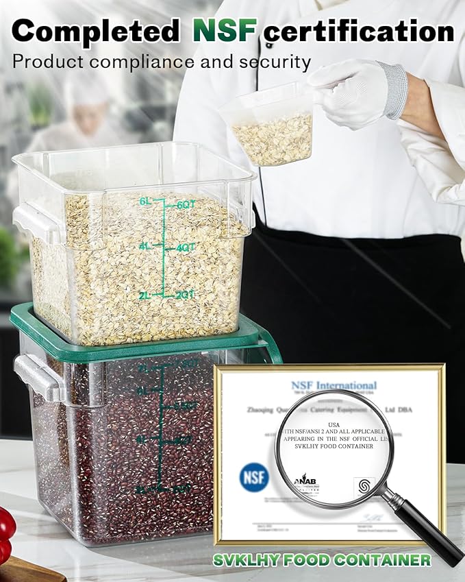 4QT NSF Food Storage Containers: 8 PCS [Food Grade][Hot&Cold Resistant] Commercial Clear Square Food Storage Containers with Scales Handles for Home Restaurant Kitchen Proof Dough(BPA FREE-GREEN)