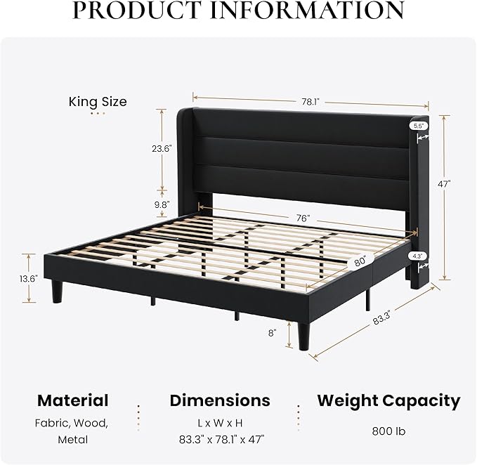 SHA CERLIN King Size Velvet Bed Frame/Vertical Channel Tufted Wingback Headboard/Upholstered Platform Bed with Wooden Slats/Mattress Foundation/No Box Spring Needed/Easy Assembly/Black