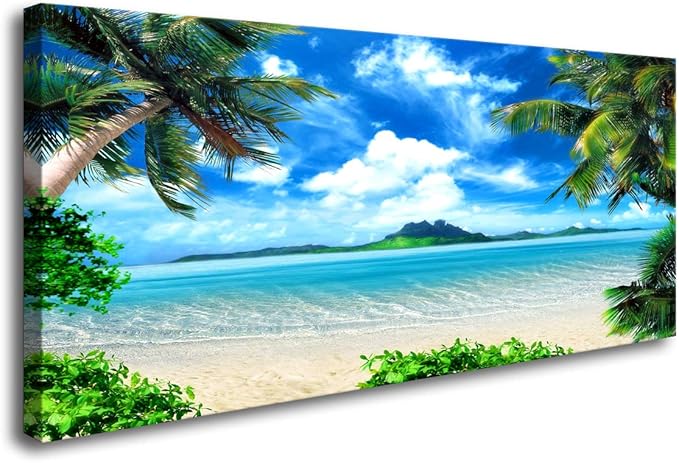 DZL Art S72774 Canvas Wall Art Ocean Waves Coconut Trees on Sands Beach Seascape Scenery Painting Nature Picture for Bedroom Home Office Wall Decor