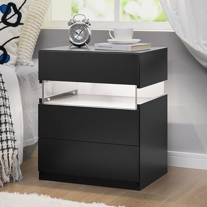 Bingoday LED Nightstand 3 Drawers Nightstand with LED Lights Tall Nightstand for Bedroom LED Bedside Tables for Bedroom Living Room
