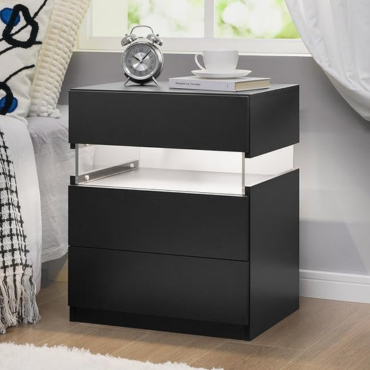 Bingoday LED Nightstand 3 Drawers Nightstand with LED Lights Tall Nightstand for Bedroom LED Bedside Tables for Bedroom Living Room