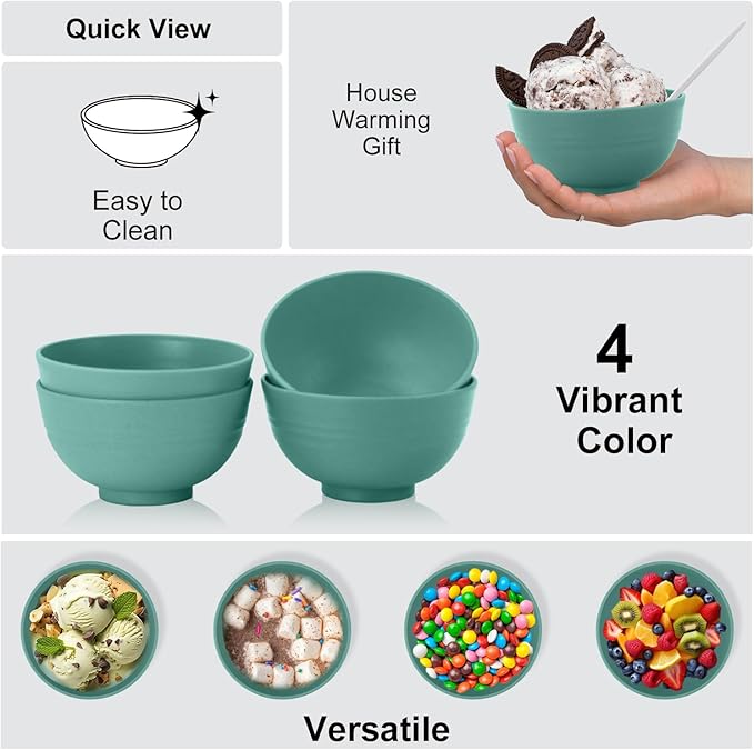 wheat straw snack bowls 10oz set of 8 - Unbreakable Dessert Bowls Dishwasher Safe - Small Handy Bowls for Ice Cream,Yogurt and Fruits. Green