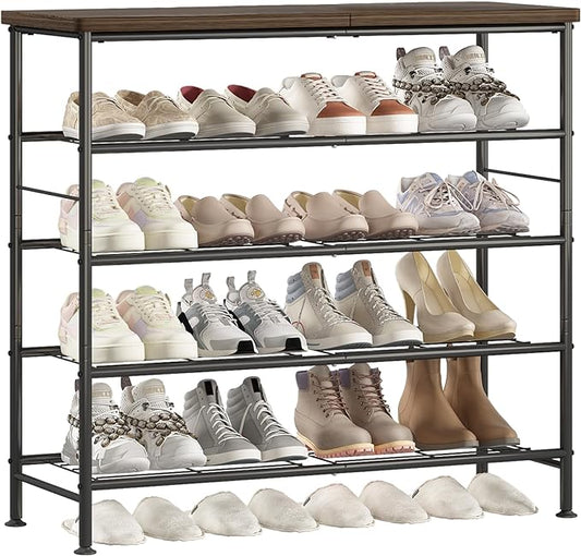 Shoe Rack Organizer 5 Tier for Closet Entryway Free Standing Metal Storage Shoe Shelf with MDF Top Board，Black+Rustic Brown