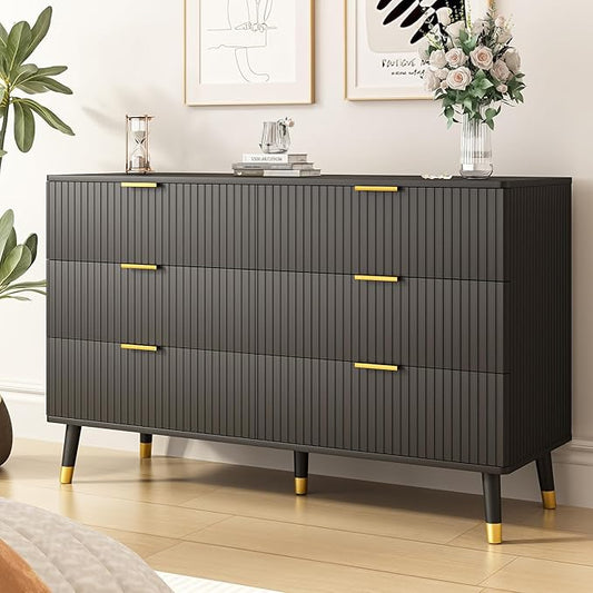 Black Dresser, Fluted 6 Drawer Dresser for Bedroom, Wooden Modern Chest of Drawers with Gold Metal Handles, Black