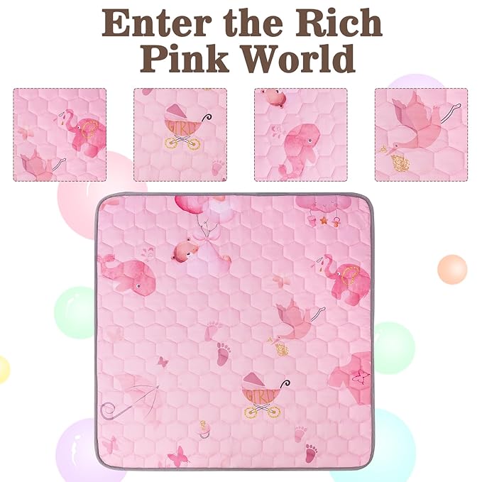 Baby Mat for Floor, 50 x 50 Play Mat for Playpen, Thicken Soft Padding Infant Play Mat, Non-Slip Cushioned Baby Floor Play Mat, Machine Washable Baby Crawling Mat (Pink World)