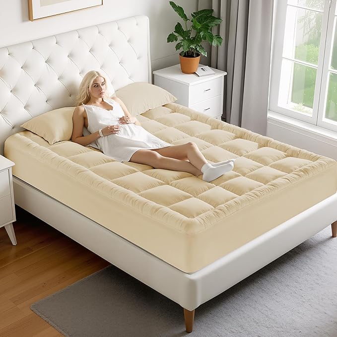 MATBEBY Twin Size Mattress Pad - Cooling Breathable Mattress Topper, Quilted Fitted Mattress Protector, Pillow Top Mattress Cover with 8-21" Deep Pocket, Soft, Machine Washable, Beige, 39x75 Inches
