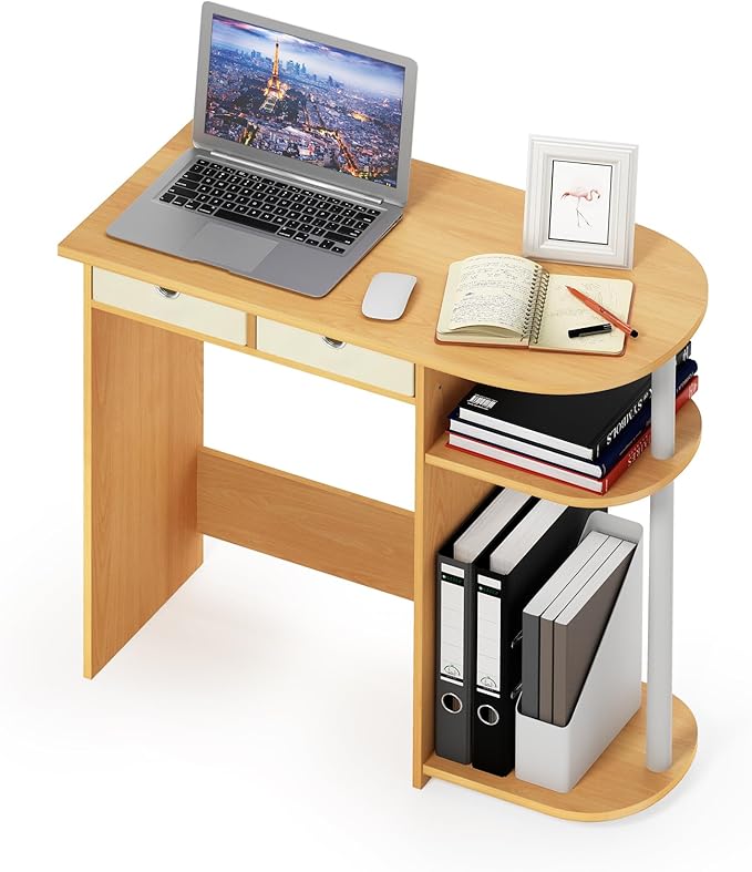 Furinno Go Green Home Laptop Notebook Computer Desk/Table with 2 Drawer Bins, Beech/Ivory/White