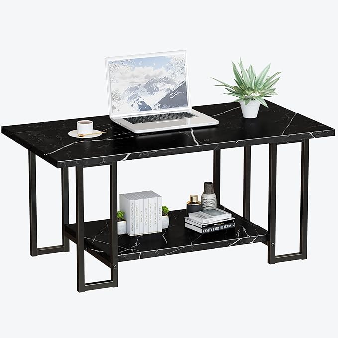 AWQM Marble Coffee Table, Faux Marble Top Rectangular Coffee Table with Black Metal Frame, 2 Tier Living Room Table for Living Room, Office, Balcony, Black, 40 Inch (GJ09)