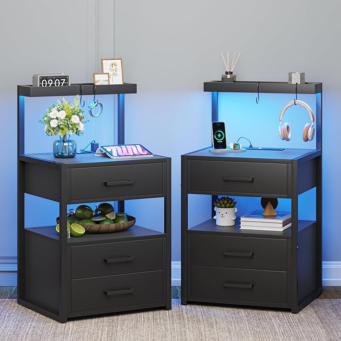 VIAGDO Nightstands Set of 2 with LED Lights, 3 Drawers Night Stands with Charging Station, Black Bedside Tables with Storage Shelves, Modern End Side Tables for Bedroom, Office