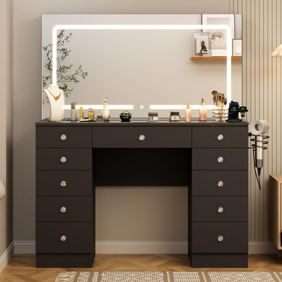 Furnivado Vanity Mirror with Lights, Black Vanity with Lighted Mirror, 11 Drawers Makeup Vanity Desk with 3 Lighting Modes Adjustable Brightness, Vanity with Glass Top for Bedroom