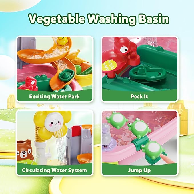 Toddler Water Table, Kids 4-8 Years Water Table with Pump, Sensory Table with Toy Vegetables, Dinnerware and Fishing Game, Outdoor Toys Summer Beach, for 3 4 5 6 7 8