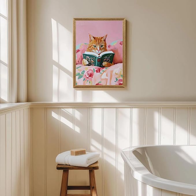 Framed Vintage Cat Canvas Wall Art, Funny Pink Animal Reading Books Painting Picture Print, Cute Kitten Lovers Aesthetic Wall Decor for Nursery Girls Room Bedroom Kids Room 24''L x 16''W