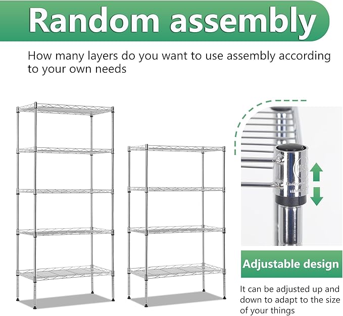 BestOffice Garage Shelving 5 Tier Metal Storage Shelves 750lbs Weight Capacity Heavy Duty Wire Shelving NSF Certified Utility Shelves with Leveling Feet for Garage Home Office, Chrome