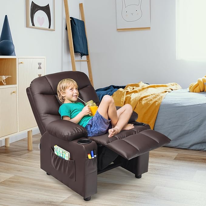 Kids Recliner, Kids Recliner Chair w/ 2 Cup Holders, PU Leather Kids Chairs Compy w/Adjustable Backrest & 3 Pockets, Toddler Furniture Sofa for Boys Girls Aged 3+ (Brown)