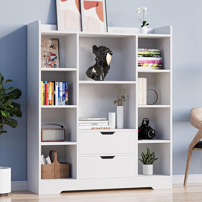 Cozy Castle Kids Bookshelf with Storage, Toy Storage Organizer with 2 Drawers and 10 Cubes 4-Tier Bookcase for Bedroom, Playroom, Hallway, Living Room(White)