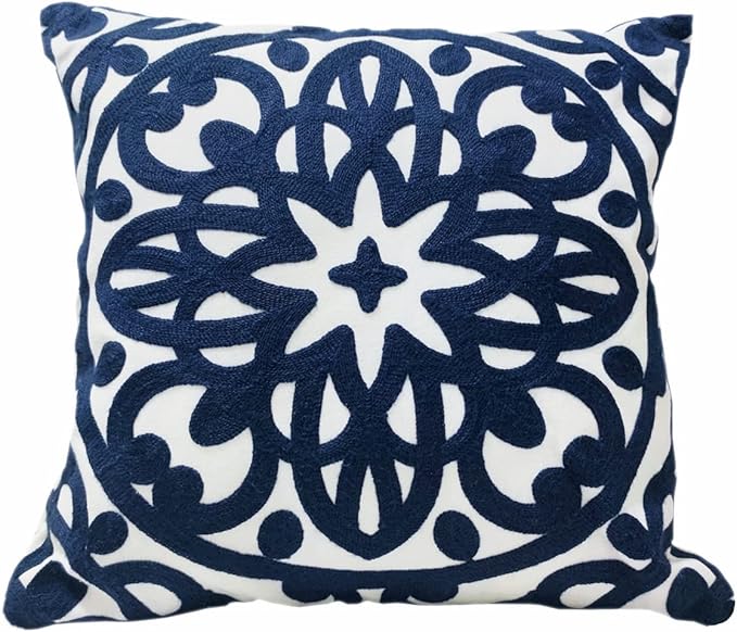 Alysheer Embroidered Decorative Throw Pillow Cover 20"x 20", Boho Mandala Modern Thick Embroidery Pattern, Durable Cotton Canvas Soft Cushion Case for Sofa Couch Bed Living Room (Navy Blue)