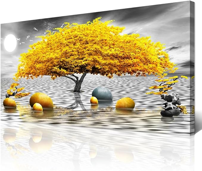 Wapluam Large Canvas Wall Art for Living Room Office Bedroom Decor - Black and White Framed Painting With Yellow Tree View - Home Decoration Artwork Prints 24"X48"
