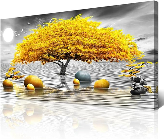 Wapluam Large Canvas Wall Art for Living Room Office Bedroom Decor - Black and White Framed Painting With Yellow Tree View - Home Decoration Artwork Prints 24"X48"