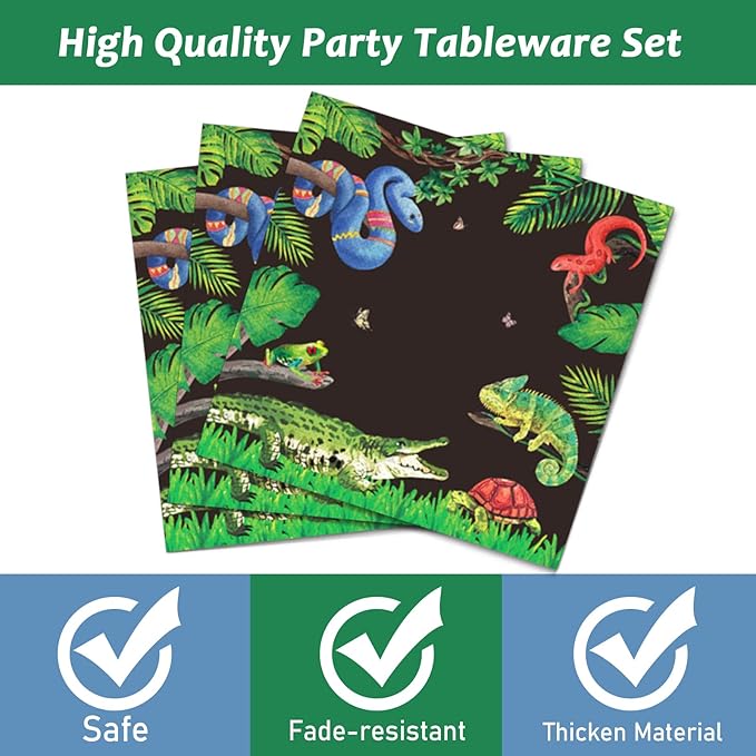 96 Pcs Reptile Snake Party Plates Napkins Tableware Set Lizard Birthday Party Supplies Disposable Paper Dinnerware Jungle Alligator Wildlife Theme Table Decoration Favors for Kids Birthday, 24 Guests