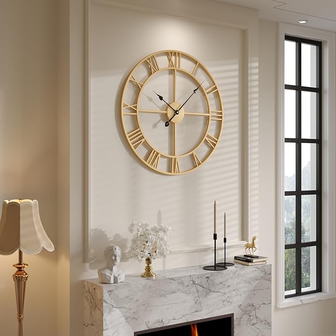 Gold Wall Clock, 24 Inch Large Wall Clock for Living Room Kitchen Mantel, Completely Silent Non Ticking Battery-Operated Metal Round Luxury Decorative Modern Clock - Roman Number