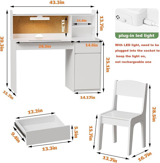 PAKASEPT Kids Desk and Chair Set,Kids Study Desk with 3-Color Lights(Not Rechargeable),Tiltable Desktop,Multi Functional Table for Kids 5-12,Student Writing Desk with Hutch,Storage Cabinet for Bedroom