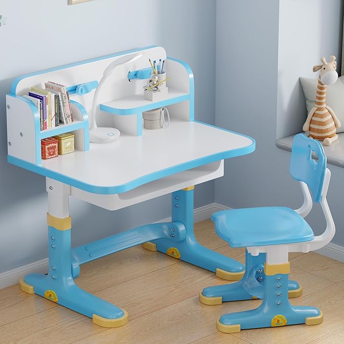 Kids Desk and Chair Set, Height Adjustable Child's School Study Writing Tables, Kids Desk with Bookstand and Storage Drawer, Widened Desktop with Desktop for Boys and Girls