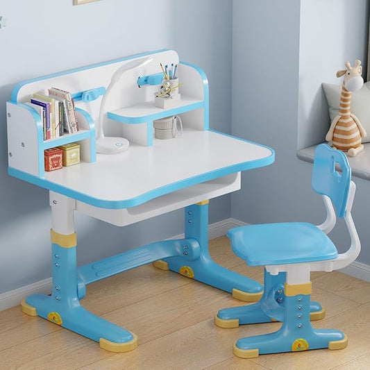 Kids Desk and Chair Set, Height Adjustable Child's School Study Writing Tables, Kids Desk with Bookstand and Storage Drawer, Widened Desktop with Desktop for Boys and Girls