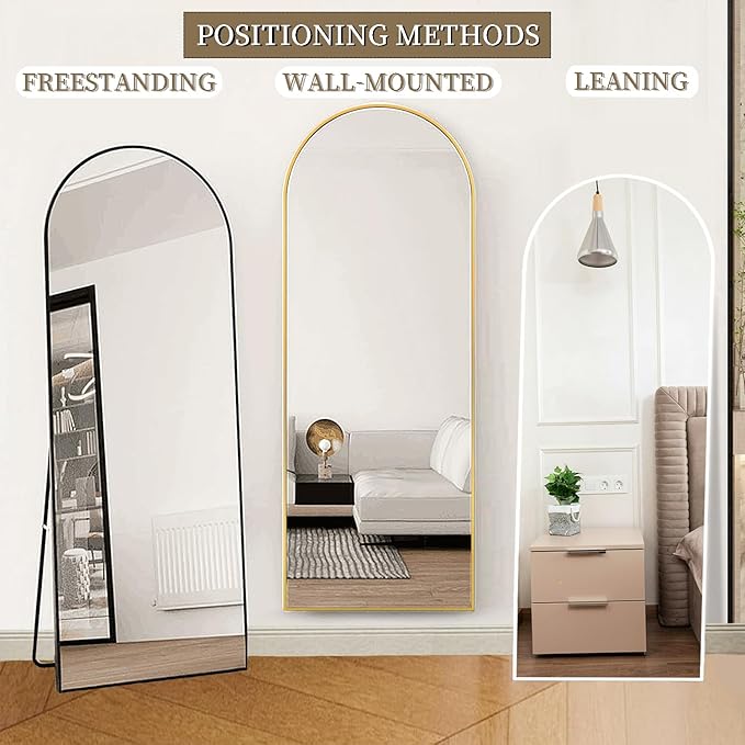 OGCAU Full Length Floor Mirror, Standing Hanging or Leaning Against Wall, Arched-Top Body Mirror for Floor & Wall in Bedroom, Wall-Mounted, Aluminum Alloy Frame (Blcak)