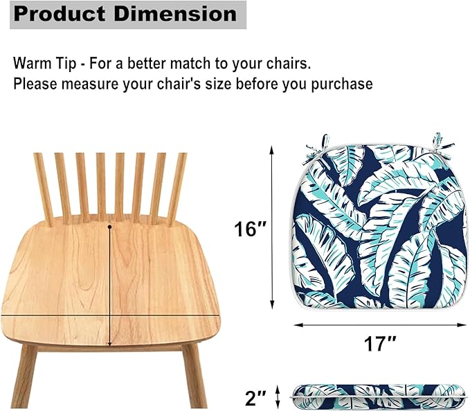 Set of 2 Outdoor Chair Cushions with Ties,Water Repellent Patio Chair Pads 17"x 16" for Outdoor Furniture,Round Corner Seat Cushions for Garden Yard Kitchen Baltic Palms White