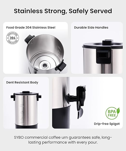 SYBO SR-CP40C Commercial Grade Stainless Steel Percolate Coffee Maker, Hot Water Urn for Catering, Hot Beverage Dispenser, 45-Cup, 4.5L, Metallic