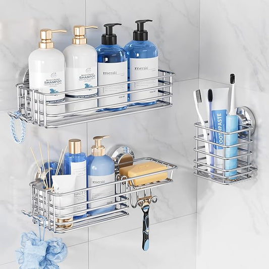 TAILI Shower Caddy Suction Cup, 3 Pack Shelves for Inside with Hooks & Soap Holder Toothbrush Cups, Removable Bathroom Organizer, Rustproof Black Holder Storage-Silver